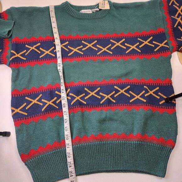 NOS VTG Claiborne Grandpa Sweater Large Crewneck Geometric Geen L Cotton 80s 90s - Picture 7 of 8